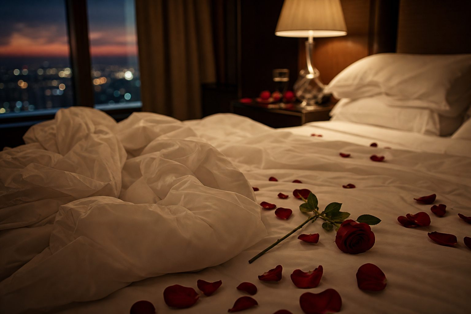 Ambiente romántico suave — sábanas de lino y pétalos de rosa